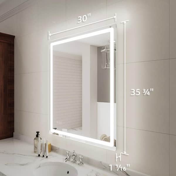 Aurora 30 in. W x 36 in. H Rectangular Frameless LED Wall Bathroom Vanity Mirror in Silver