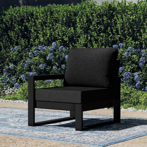 Endless Outdoor Patio Deep Seating Left Arm Chair with Black Plastic Frame and Black Side Tie Cushions