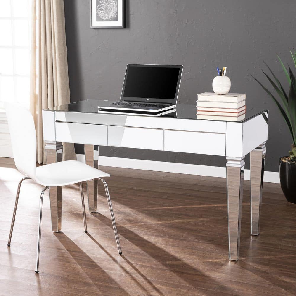 Glamorous Brown Mirrored Desk with 3 Felt-Lined Drawers