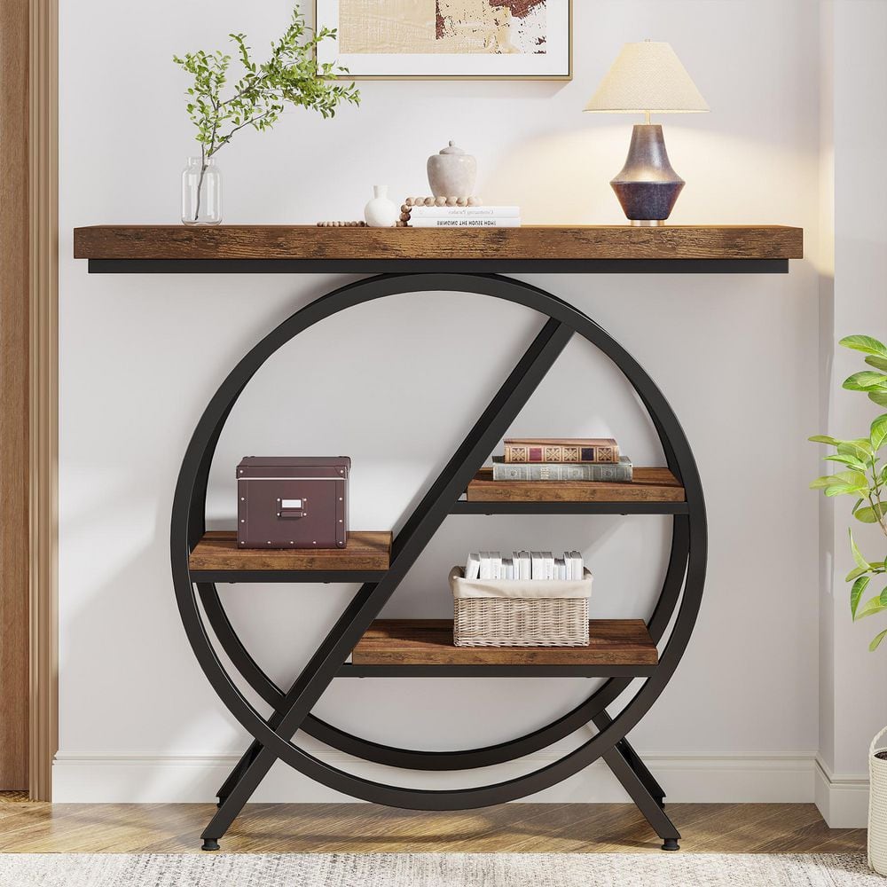 Turrella 39.4 in. Rectangle Brown Wood Farmhouse Behind Sofa Entryway 4-Tier Long Couch Wall Console Table Industrial