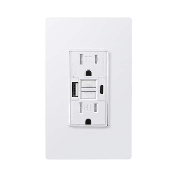 White 15 amp Tamper Resistant GFCI Duplex Outlet with USB-A, USB-C charger
