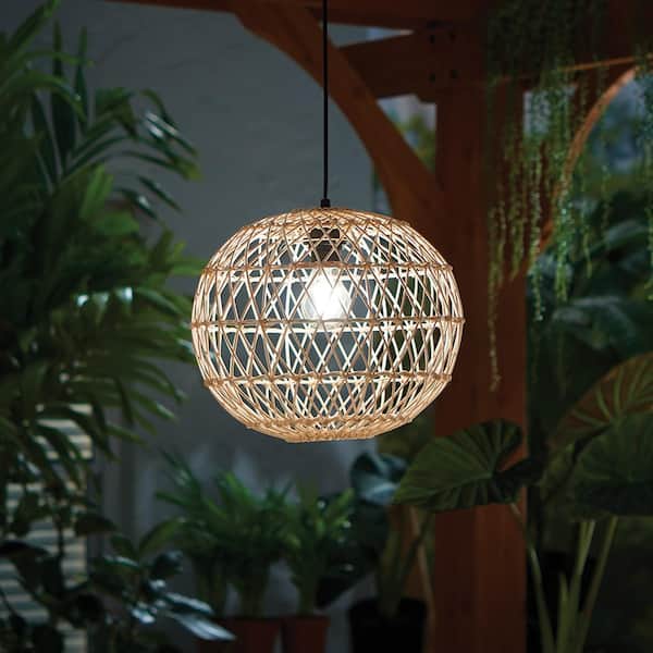 Hampton Bay Ashville 1-Light Brown Rattan Outdoor Pendant with Remote Solar Panel 99100 - The Home Depot