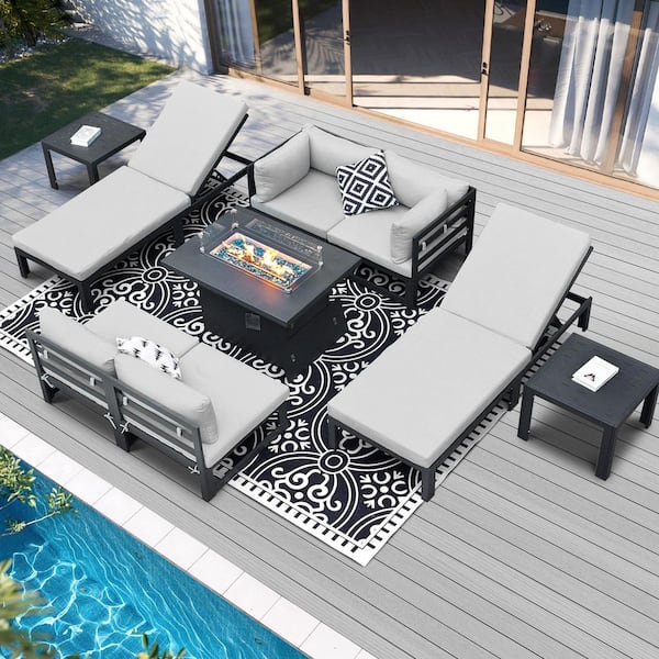 FINCATI 9-Piece Outdoor Gray Aluminum Patio Furniture Conversation Set Fire Pit Set with Light Gray Cushion, Lounger, Ottoman