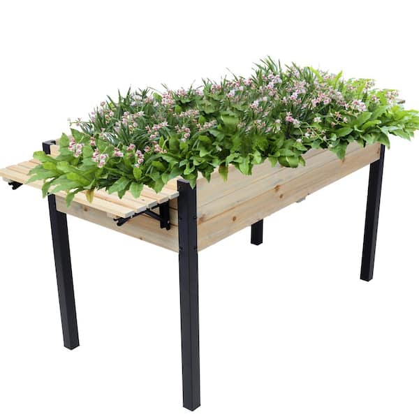 Wildaven 62.5 in. x 23.6 in. x 8.63 in. Wood Rectangular Raised Garden Bed with Folding Storage Shelf, Metal Leg Wood Planter