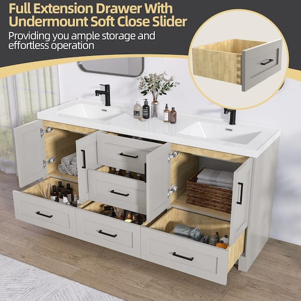72 in. W x 22 in. D x 36 in. H Bathroom Vanity Double Sink Freestanding Bath Vanity Cabinet in Gray with White Resin Top