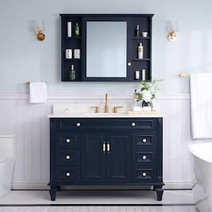 48 in. W x 22 in. D x 35 in. H Solid Wood Bath Vanity in Navy Blue with White Quartz Top, Single Sink,Medicine Cabinet