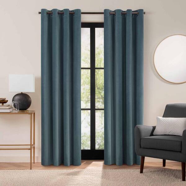 Eclipse Luxury Cotton Velvet Mineral Blue Solid Cotton 84 in. L x 50 in. W 100% Blackout Single Panel Grommet Curtain