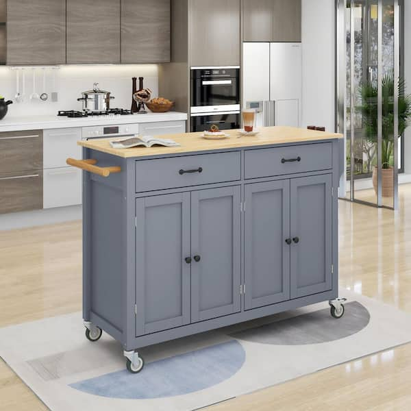 54.3 in. W Dusty Blue Kitchen Cart with Locking Wheels, 4-Door Cabinet and 2-Drawers, Spice Rack, Towel Rack