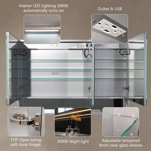 WELLFOR V3 48-in x 32-in Lighted LED Fog Free Surface/Recessed Mount Silver Mirrored Soft Close Medicine Cabinet