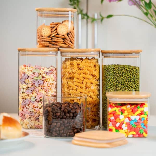 6-Piece Glass Food Storage Container Set with Airtight Bamboo Lids Stackable Square Kitchen Canisters 37oz. Clear