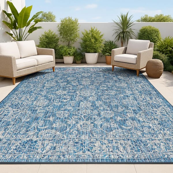 Tela Bohemian Navy/Gray 7 ft. 9 in. x 10 ft. Textured Weave Floral Indoor/Outdoor Area Rug