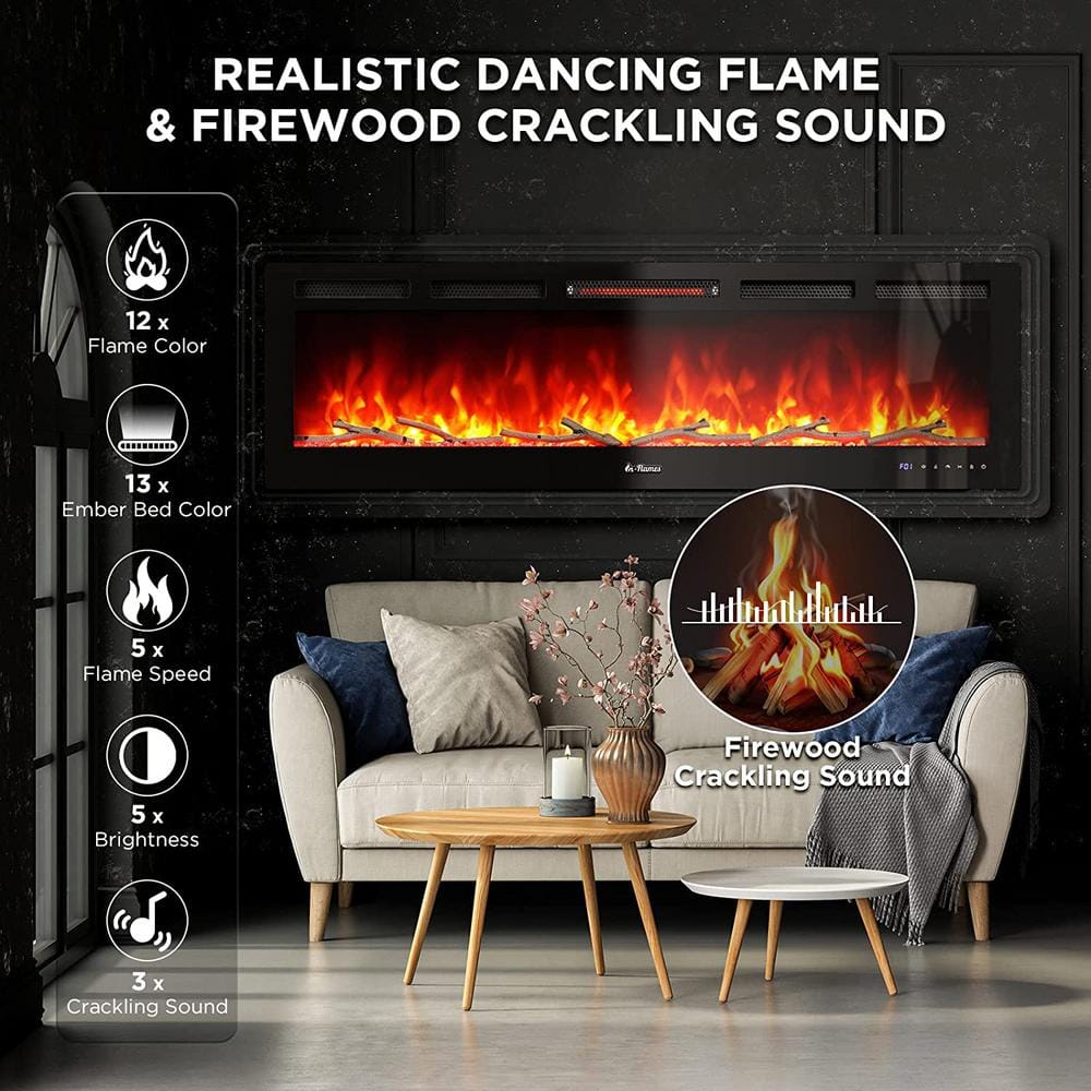60" Black Tempered Glass Smart WiFi Electric Fireplace