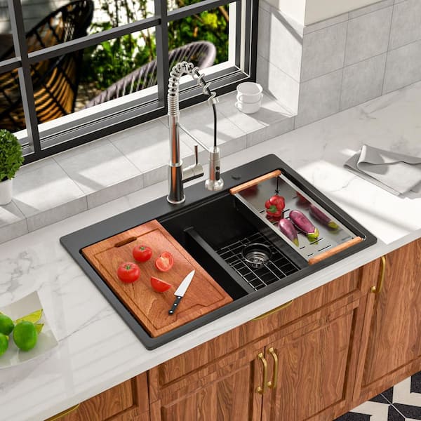 Quartz Composite 33 in. x 22 in. Matte Black Low Divide Double Bowl Drop-In Workstation Kitchen Sink with Accessories