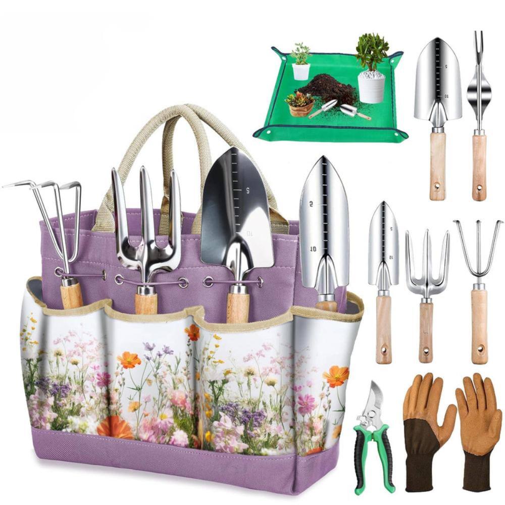 Stainless Steel Garden Tool Set with Wood Handles and Purple Floral Repotting Mat, 9-Piece price history on PriceWatchPro