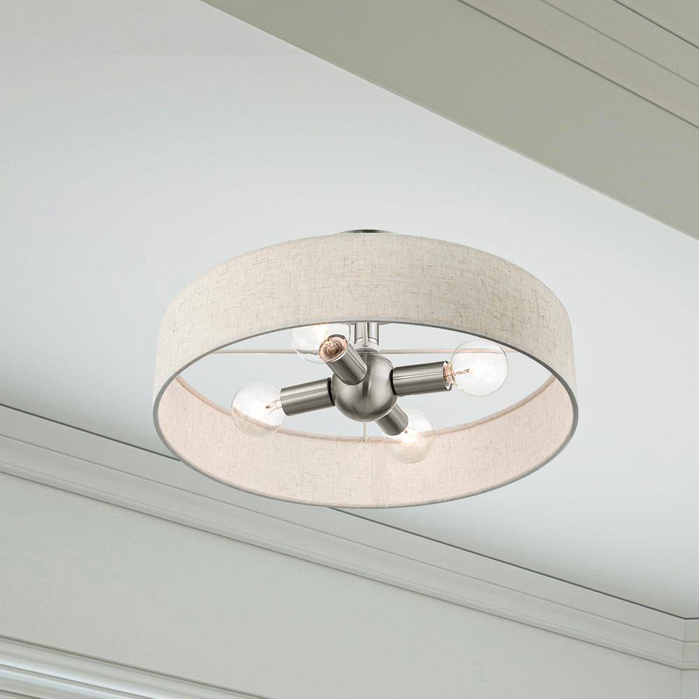 Brushed Nickel 4-Light Drum Semi-Flush Mount with Fabric Shade