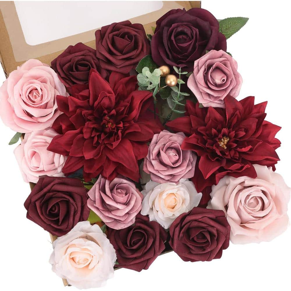 2 in. Burgundy Artificial Flowers Red Bouquets Set for Bridal Wedding Decor
