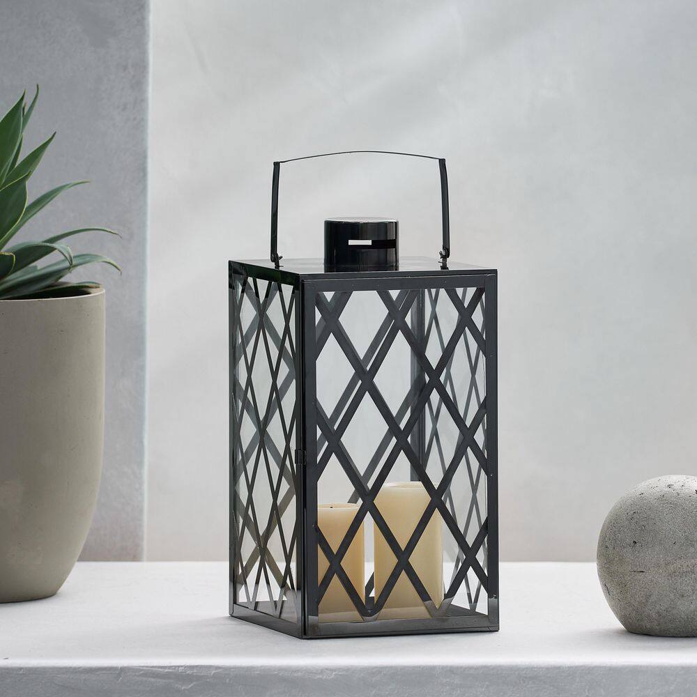 Black Hexagonal Stainless Steel and Glass Outdoor Lantern