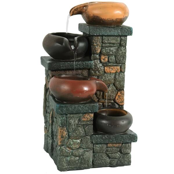 Sunnydaze 10 in. Pitchers on Brick Steps Tabletop Tiered Fountain with LED Light