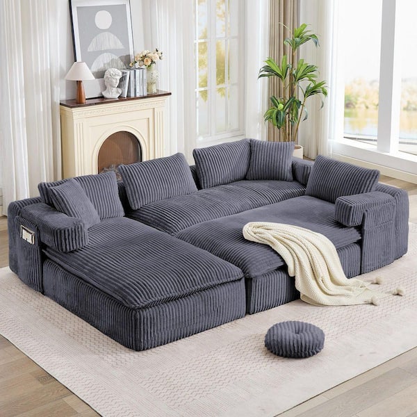 maocao hoom 149 in. Corduroy Sectional Sofa Couches, U Shaped Couch, Side Pocket, Movable Sofa Armrests, 4 Cushion Back in. Gray Y-S179