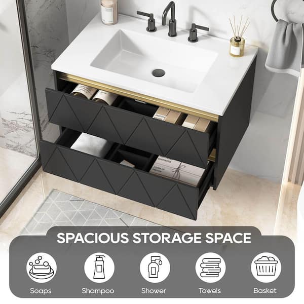 Steve 31 in.W x 19 in.D x 18 in.H Single Sink Wall Mount Bath Vanity in Black with White Solid Surface Top Unassembled