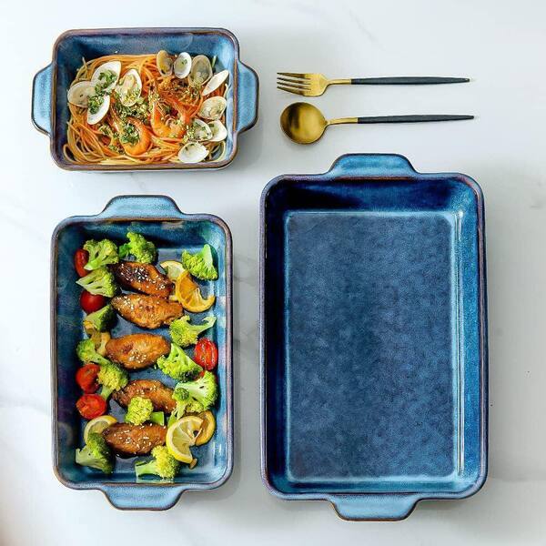UUDULY Rectangular 3-Piece Ceramic Baking Dish Set Nebula Blue Reactive Glaze Stoneware Bakeware with Easy Clean - image 4