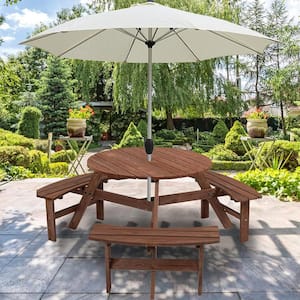 35 in. Dark Brown Round Circular Solid Wood Picnic Table Seats 6-People with Umbrella Hole