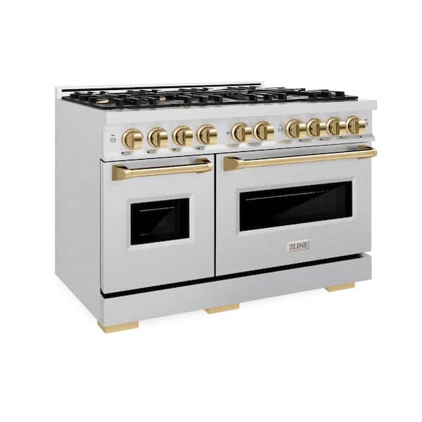 Autograph 48 in. Classic Double Oven Dual Fuel Range with 8 Burner Gas Cooktop in Satin Steel and Gold Accents