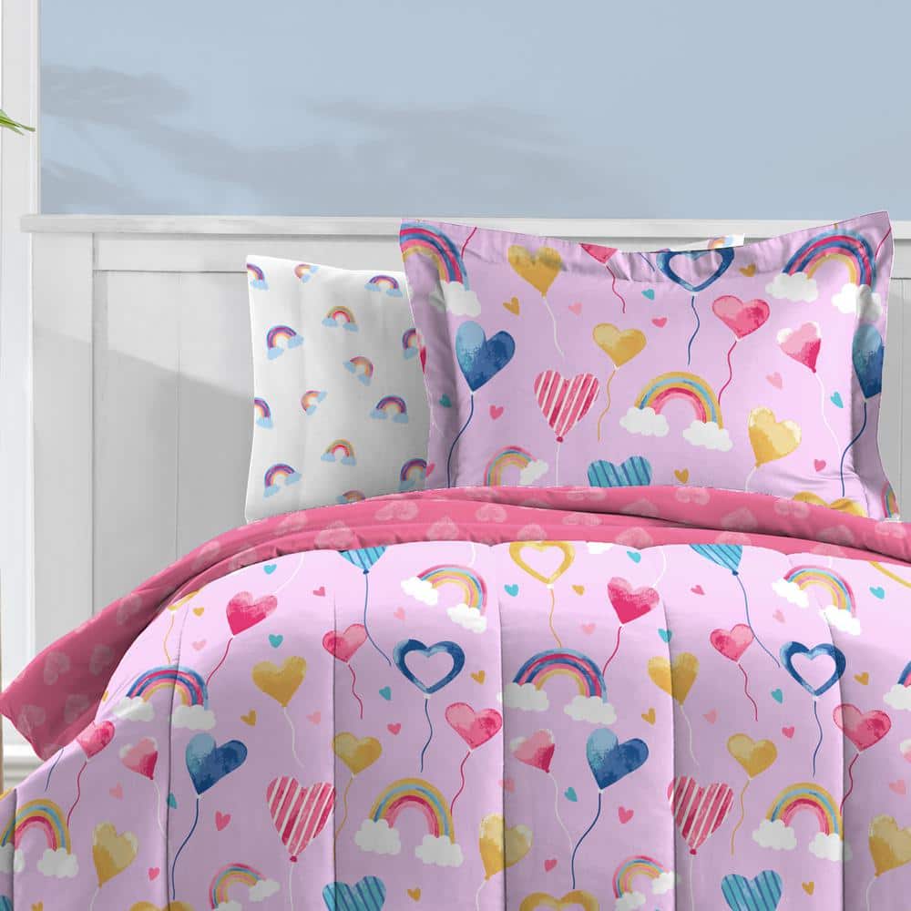 Pink Hearts and Rainbows Twin Microfiber Bed in a Bag Set