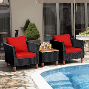 3-Pieces Wicker Patio Conversation Set Wooden Table Top with Red Cushions