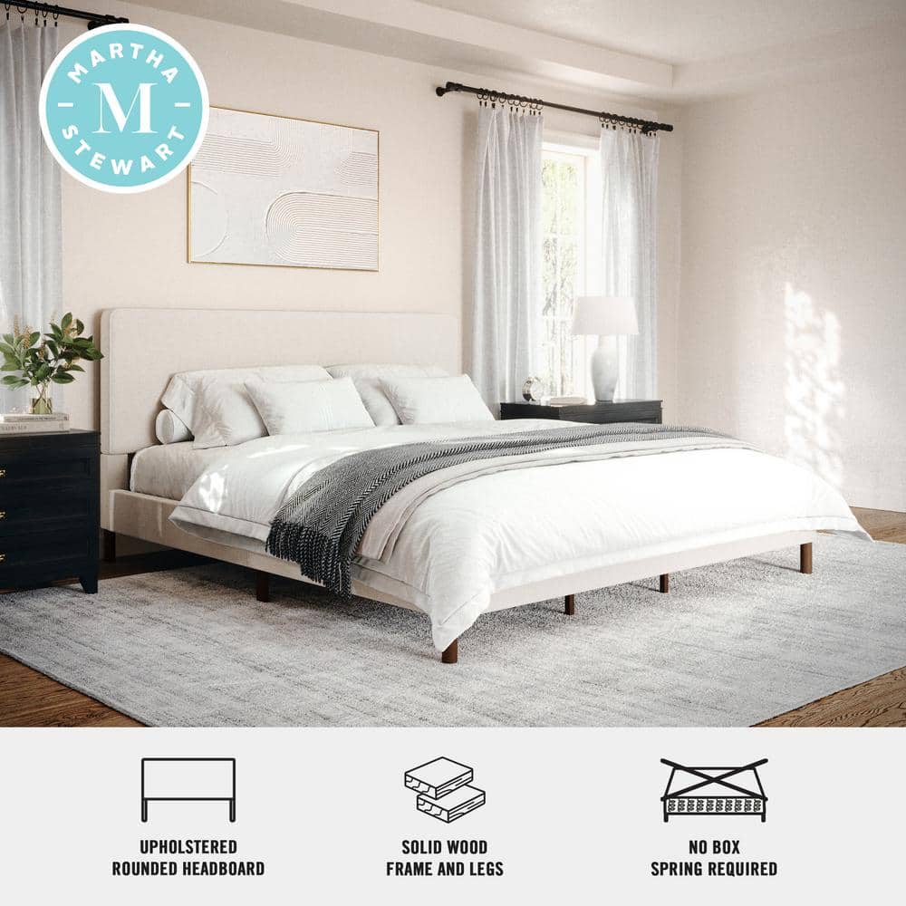 King Beige Linen Upholstered Platform Bed with Walnut Legs