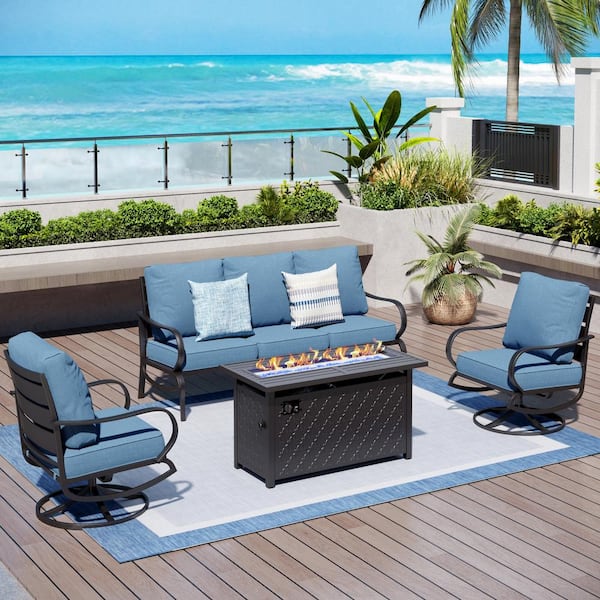 PHI VILLA Metal 5 Seat 4-Piece Outdoor Patio Conversation Set with Denim Blue Cushions, Swivel Chairs, Rectangular Fire Pit Table