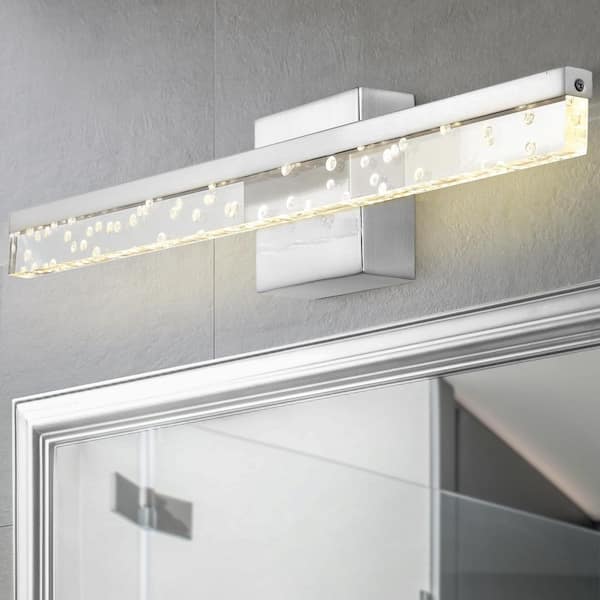 JONATHAN Y Mario 22 in. 1-Light Modern Contemporary 360-Degree Rotatable Seeded Acrylic Integrated LED Vanity Light, Chrome/Clear