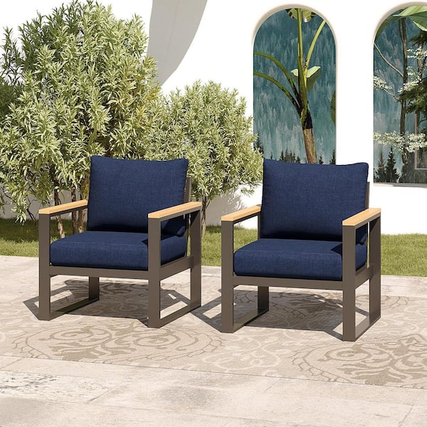 AURA OUTDOOR Outdoor 2-Piece Aluminum Patio Chat Chair, Patio Conversation Chair Set with Dark Blue Cushions