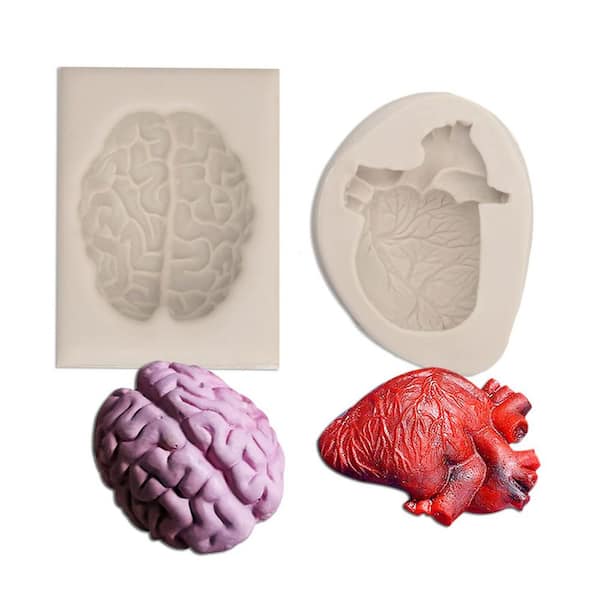 Silicone Fondant Mold 2 Pack Food Grade Nonstick Brain Heart Shape for Cake Cupcake Chocolate Jelly Crafts