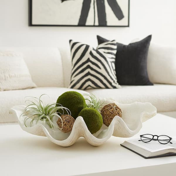 Ivory Ceramic 25 in. Pearlized Clam Shell Decorative Bowl