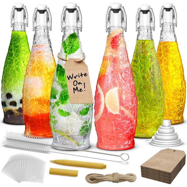 Nevlers 33 oz. Textured Teardrop Swing Top Glass Bottles with Funnel, Bottle Brush and Glass Marker (Set of 6)