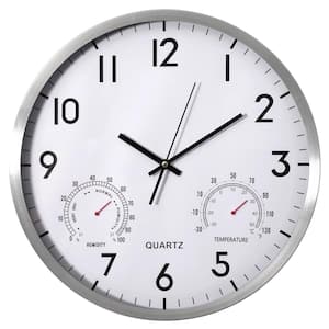 16 in. Non-Ticking Silver Wall Clock with Thermometer, Hygrometer Battery Operated Aluminum Analog Temperature, Humidity