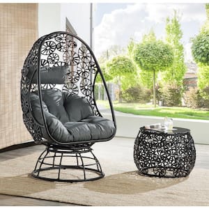 Black Swivel Wicker Outdoor Lounge Chair with Gray Cushion