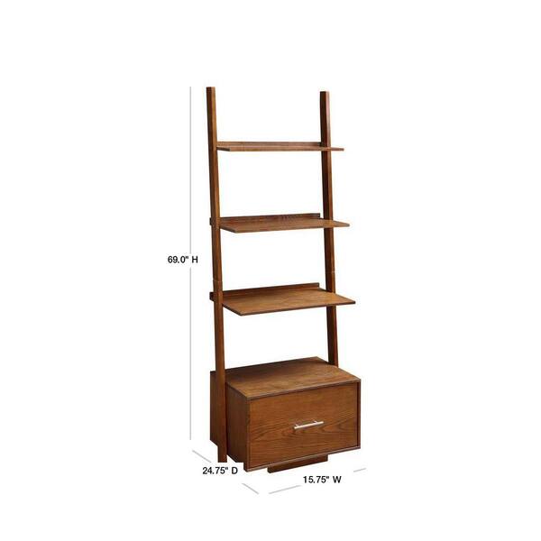 Convenience Concepts 69 In Dark Walnut, 4 Shelf Wooden Ladder Bookcase With Bottom Drawer