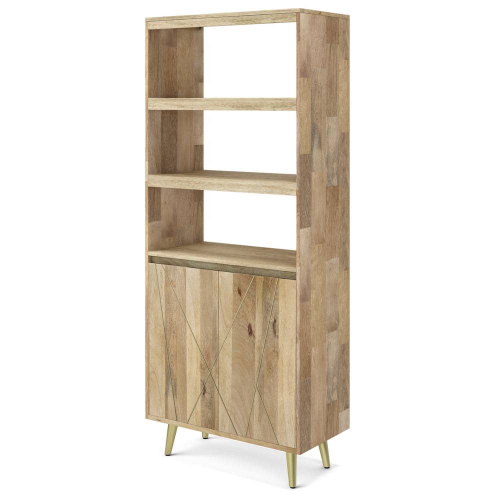 Natural Mango Wood 72" Contemporary Bookcase with Brass Inlay