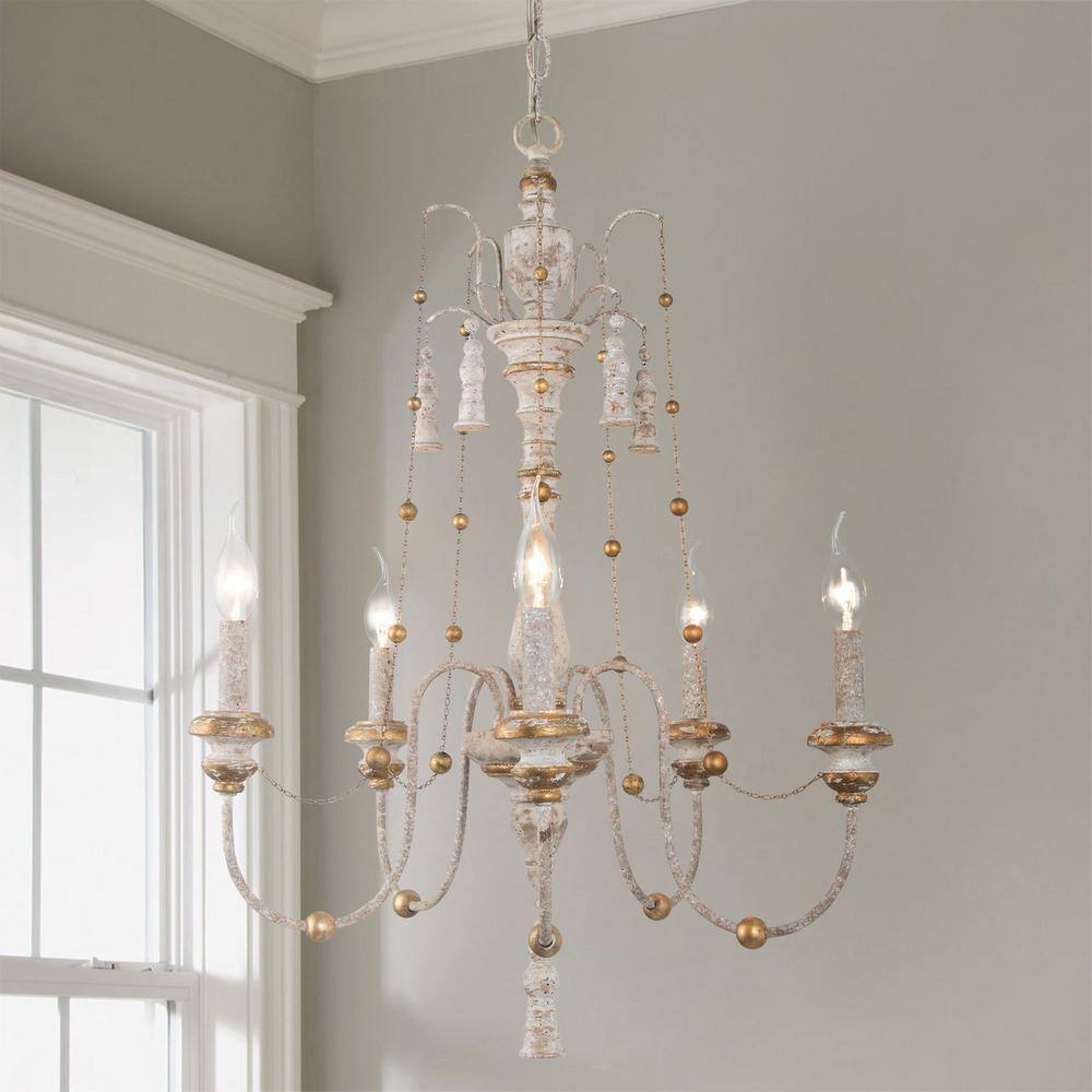 LNC Vintage Weathered Wood Empire Chandelier, Classic 5Light French Country Gold Beads Hanging