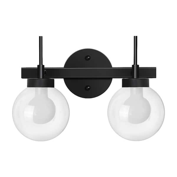 HKMGT 14.2 in. 2-Light Black Bathroom Vanity Light with Round Glass Shade