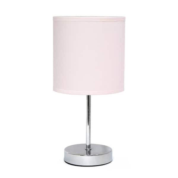 Simple Designs 11 in. 1-Light Blush Pink Chrome Mini Basic Table Lamp with Fabric Shade