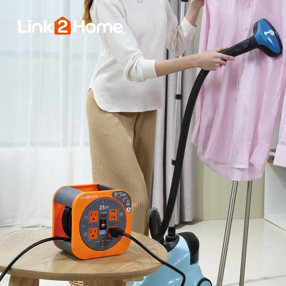 25 ft Black and Orange Extension Cord Reel with USB Ports