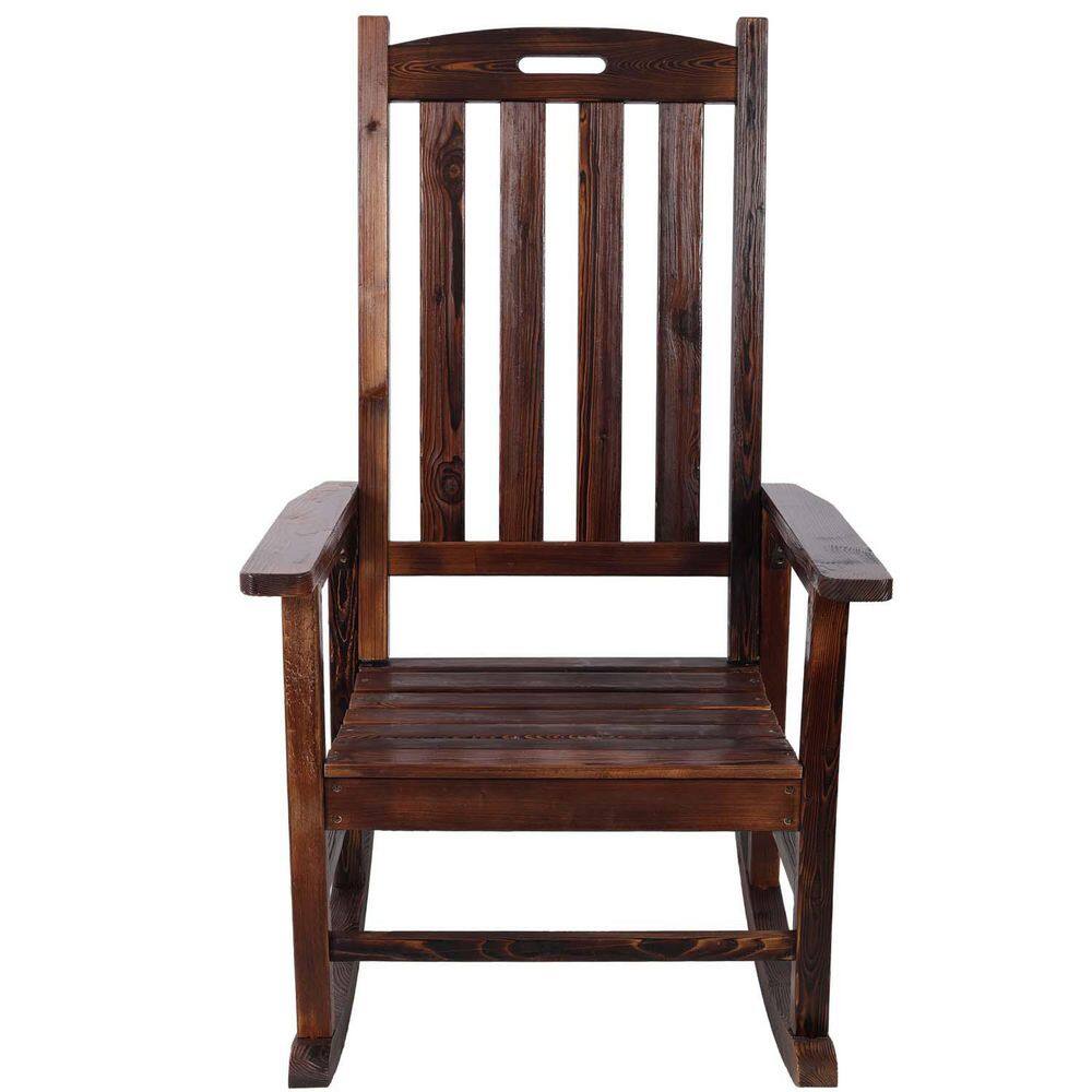 Brown Wood Outdoor Rocking Chair, Porch Rocker Chair w/ Wide Seat and Tall 