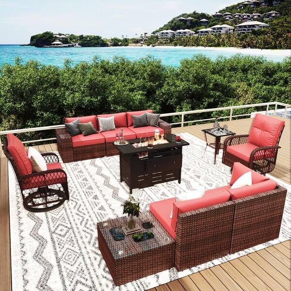Sizzim 10-Piece Patio Wicker Sectional Set with Swivel Rocking Chairs, 40 in. Metal Fire Pit Table, Red Cushions, Set Covers