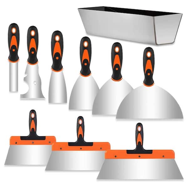 10 Piece Stainless Steel Putty Knife Set with 14 Mud Pan for Drywall Repair, Wallpaper Removal, Plaster Application