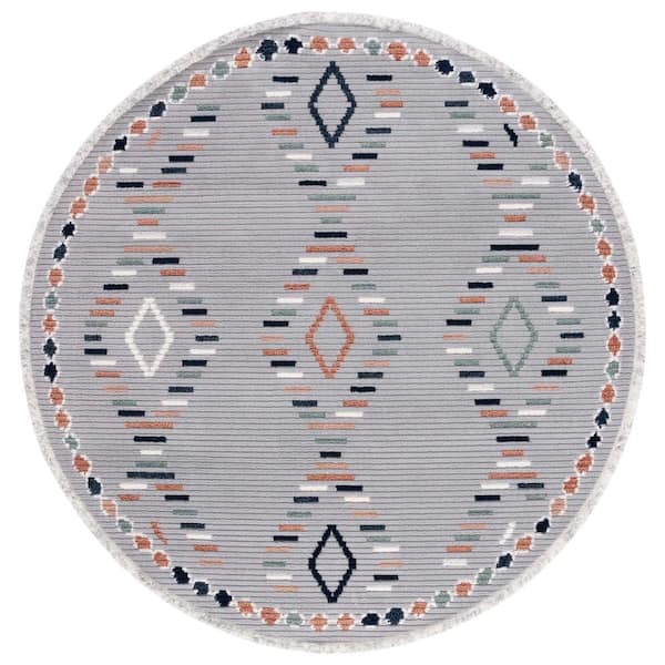Marrakesh Gray/Blue Rust 7 ft. x 7 ft. Round Geometric Striped Area Rug