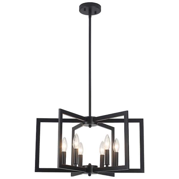 6-Light Black Industrial Geometric Candlestick Chandelier Rectangle Hanging Pendant Light for Kitchen Island