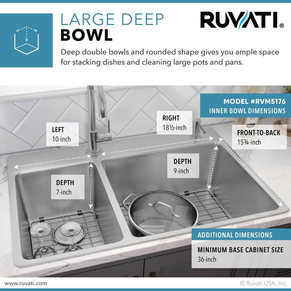 Ruvati 37" Stainless Steel Drop-In Double Bowl Kitchen Sink